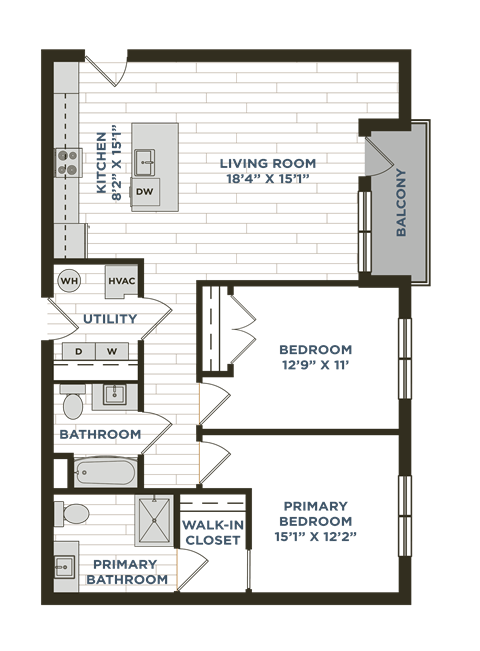 Floor plan for 2 beds, 2 baths, 1000 sqft